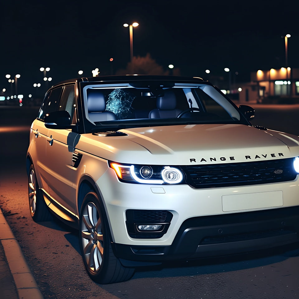 White Range Rover parked on a street at night with illuminated headlights.