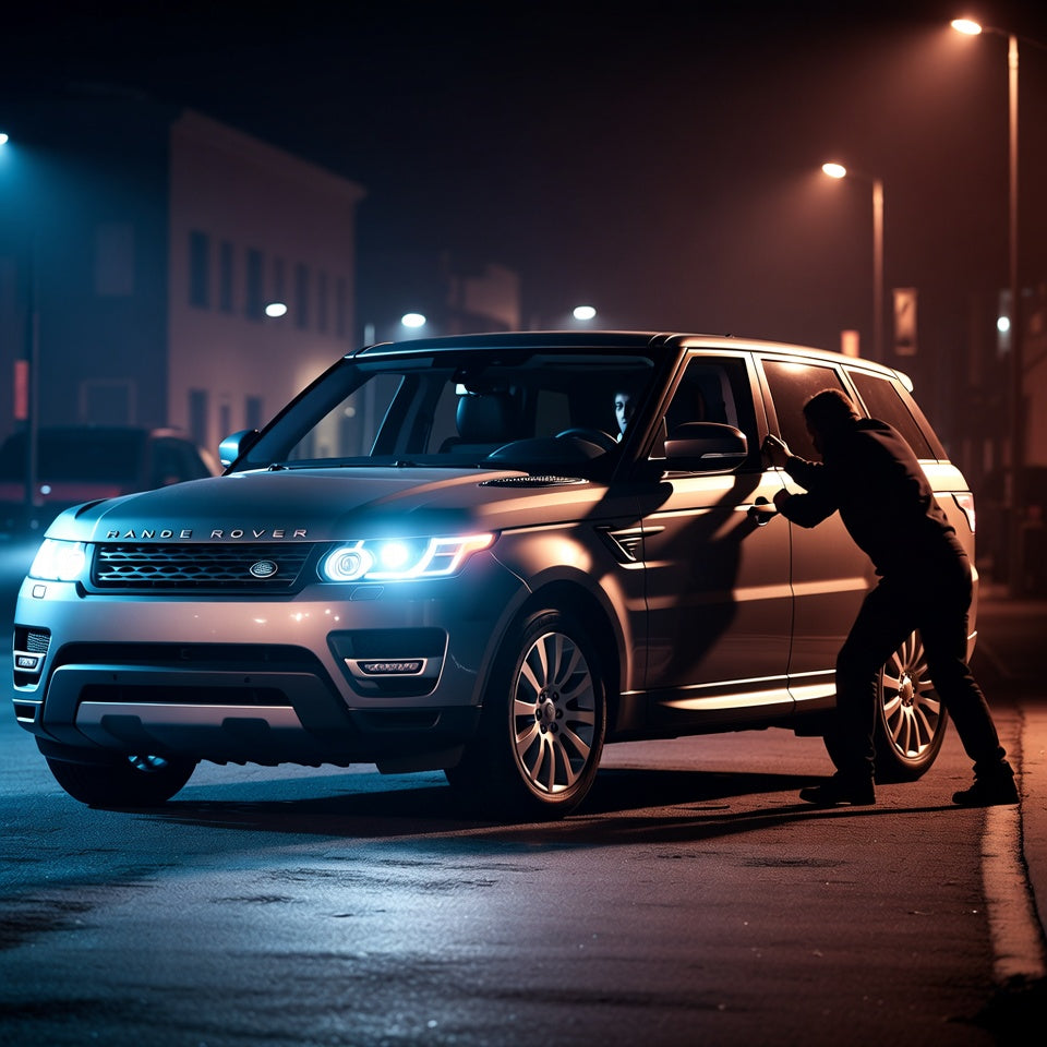 Person interacting with a Range Rover SUV on a city street at night.