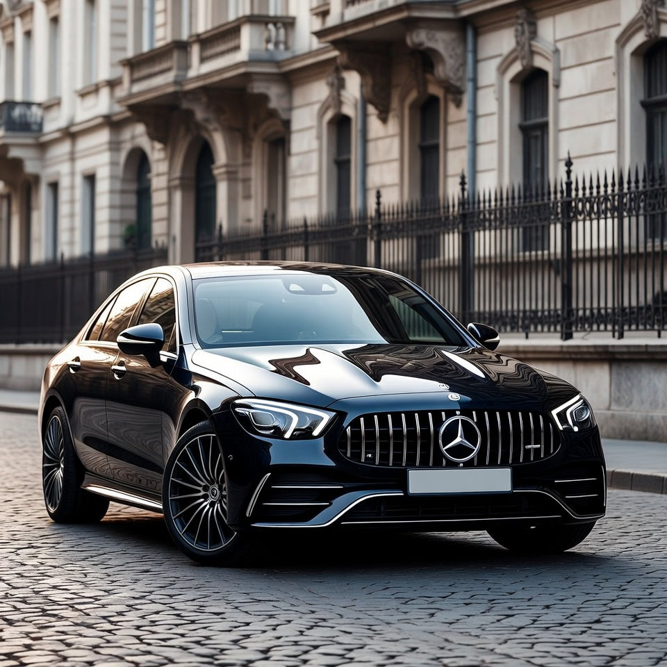 Black Mercedes-Benz car on a cobblestone street with classical architecture in the background