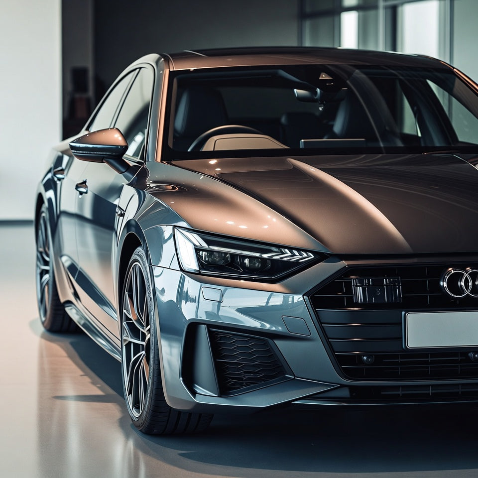 Luxury Audi on a showroom floor with a reflective surface