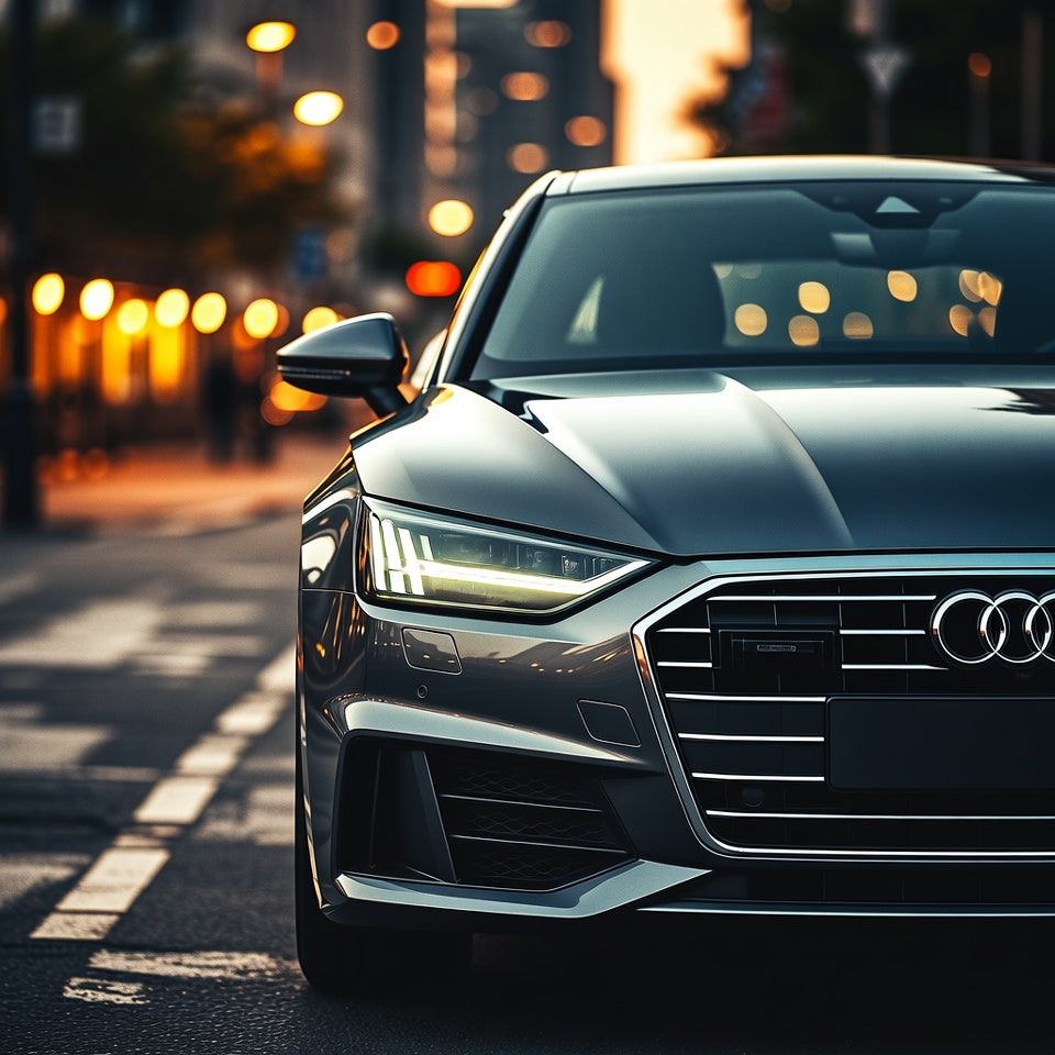 Audi car on a city street with blurred lights in the background